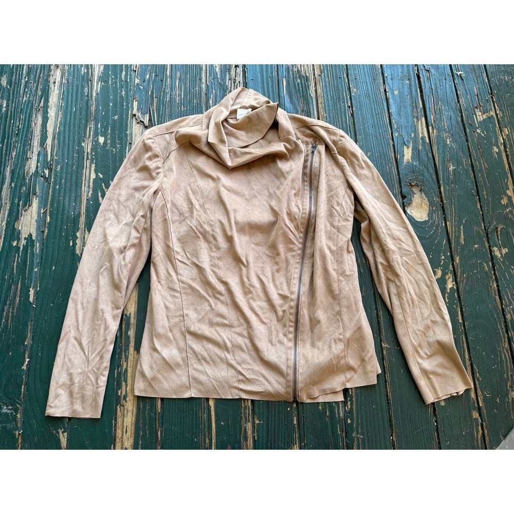Mote Women Tan Faux Suede Asymmetrical Zip Cowl Neck Moto Jacket Brown Medium